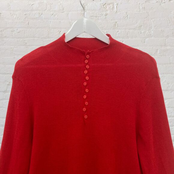 🔥 Merino Wool Henley Sweater M Button Front Red Ribbed Knit Luxury - Picture 4 of 15